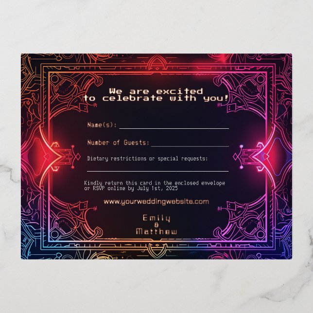 Cyber-Mediaeval Fusion Wedding RSVP Card REAL FOIL (Front)