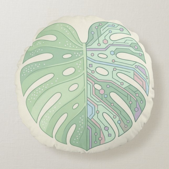 Cyber Monstera Circuit Board Leaf Throw Pillow — T (Front)