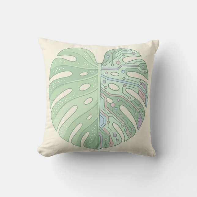 Cyber Monstera Circuit Board Leaf Throw Pillow — T (Front)