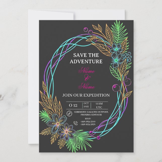 Cyber-Nature: Vibrant Neon Flower Frame Invitation (Front)
