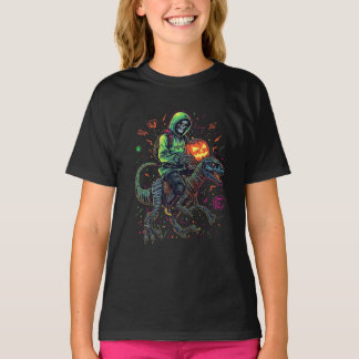 Cyber Neon Skeleton Riding Robo Dino – Halloween  T-Shirt