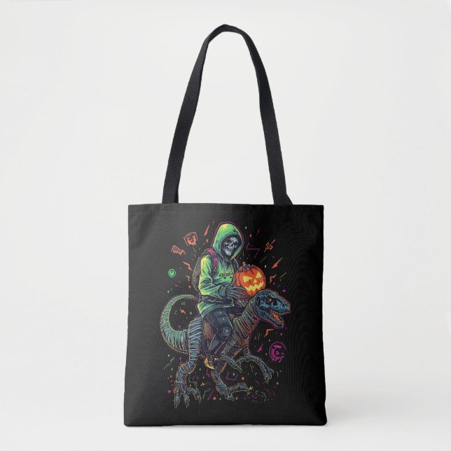 Cyber Neon Skeleton Riding Robo Dino – Halloween  Tote Bag (Front)