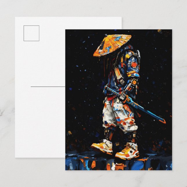Cyber Ninja Palette Knife Neon Orange Impasto Postcard (Front/Back)