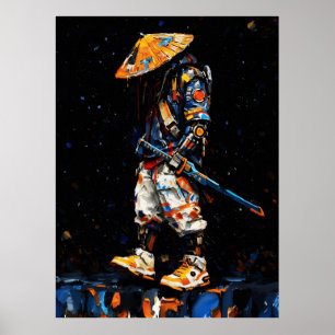 Cyber Ninja Palette Knife Neon Orange Impasto Poster