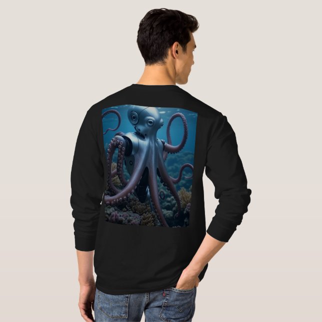 Cyber Octopus men black long sleeve T-shirt back (Back Full)