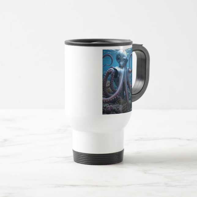 Cyber Octopus white travel mug two sided (Front Right)