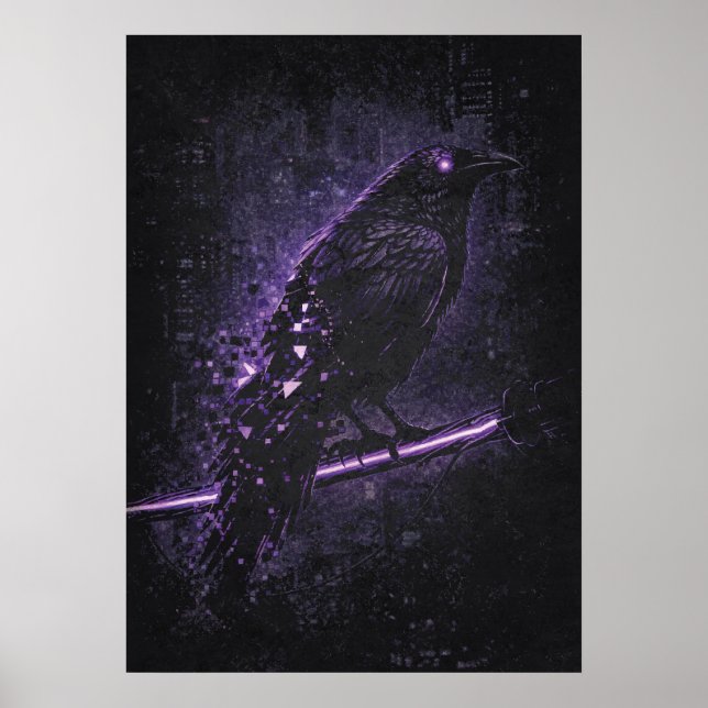 Cyber-Omen, Raven Crow Matrix Abstract Art Poster (Front)