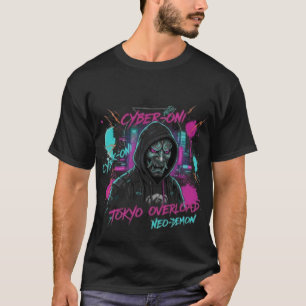 Cyber-Oni & Robotic Cat Head   Neo-Tokyo Vaporwave T-Shirt