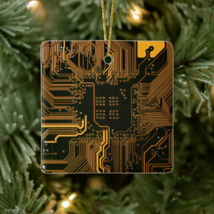Cyber Orange PCB Circuit Board Trace Pattern Art Ceramic Ornament