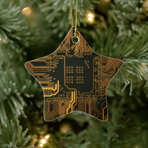 Cyber Orange PCB Circuit Board Trace Pattern Art Ceramic Tree Decoration