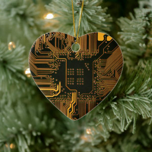 Cyber Orange PCB Circuit Board Trace Pattern Art Ceramic Tree Decoration