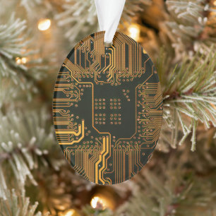 Cyber Orange PCB Circuit Board Trace Pattern Art Ornament