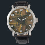 Cyber Orange PCB Circuit Board Trace Pattern Art Watch<br><div class="desc">Infuse your gear with a high-tech aesthetic featuring this high-definition graphic of a bare Printed Circuit Board (PCB). Designed for those who appreciate the foundational architecture of digital technology, this visual focuses on the minimalist beauty of a deep orange solder mask accented by a complex network of silver conductive traces...</div>