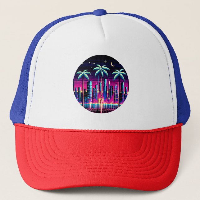 Cyber Palms: Neon Nightscape Trucker Hat (Front)