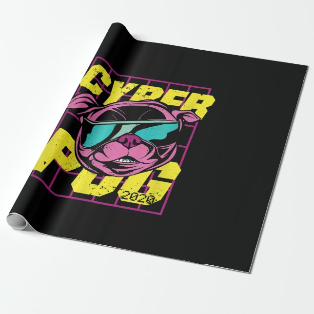 Cyber Pug 2021 Funny Dog Pug Design Wrapping Paper (Unrolled)