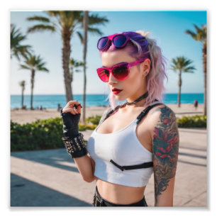 Cyber Punk 80s Babe by the Beach Photo Print