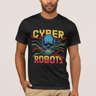 Cyber Robots Skull Graphic Tech Noir Neon Wire T-Shirt