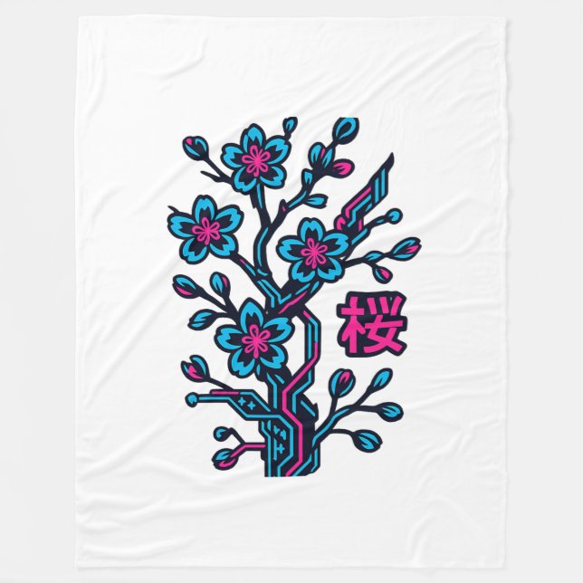 Cyber Sakura Japanese Cherry Blossom Fleece Blanke Blanket (Front)