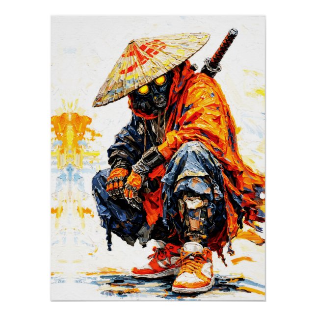 Cyber Samurai Palette Knife Neon Orange Impasto Poster (Front)