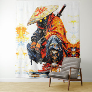 Cyber Samurai Palette Knife Neon Orange Impasto Tapestry