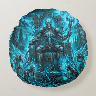 Cyber Skeleton King & Grim Reaper Electric Blue  Round Cushion