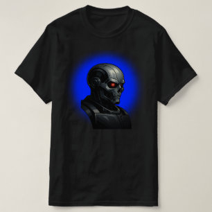Cyber Skull Blue Glow Robot Head Graphic Design   T-Shirt