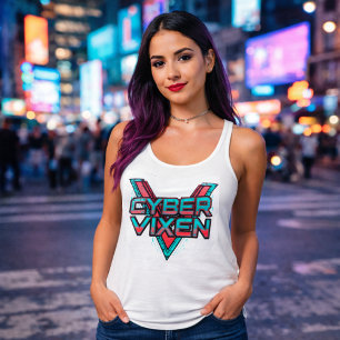 Cyber Vixen - Red Teal Gamer Girl Graphic Gaming Singlet