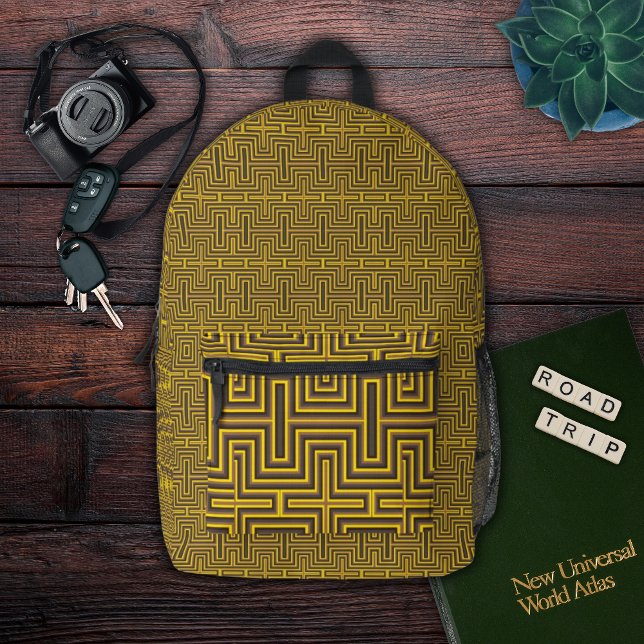 Cyber Yellow Geometric Maze Circuit Pattern Printed Backpack (Creator Uploaded)