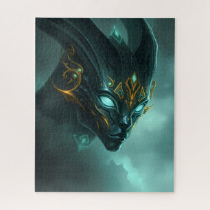 Cybernetic Dark Demon with Glowing Cyan Eyes Jigsaw Puzzle