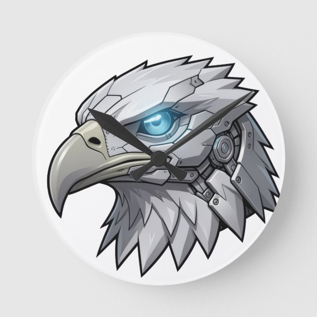 Cybernetic Eagle Head Futuristic Robotic Bald Eagl Round Clock (Front)