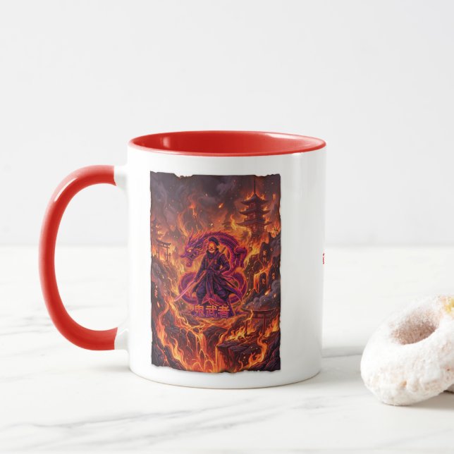 Cybernetic Fire Samurai & Dragon Mug (With Donut)