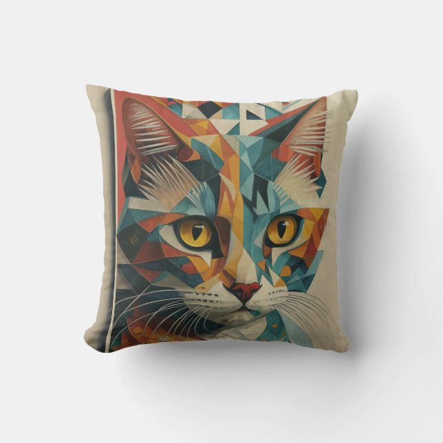 CYBERNETIC KITTY CAT ABSTRACT GEOMETRIC CUBISM  CUSHION (Front)