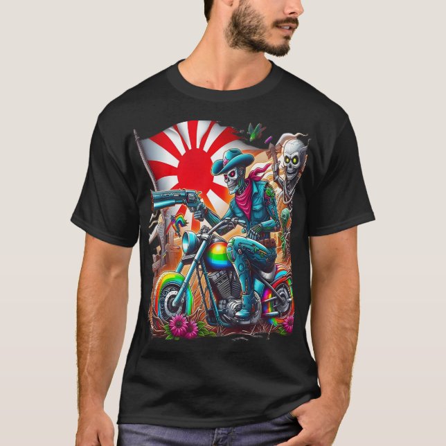 Cybernetic Knight on Rainbow Motorcycle T-Shirt (Front)