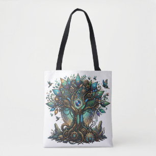 Cybernetic Tree of Life Cosmic Steampunk Tote Bag