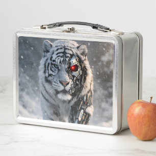 Cybernetic white tiger futuristic sci-fi metal lun lunch box