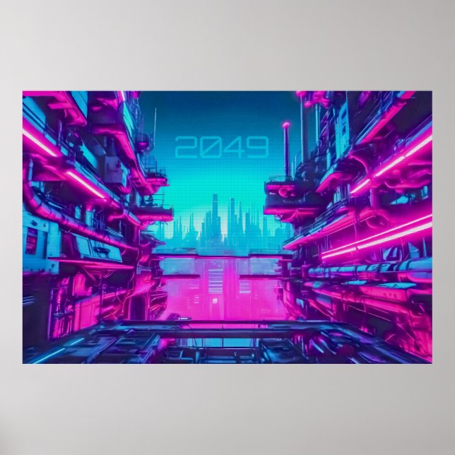 Cyberpunk 2049 Neon City Landscape Sci-Fi Poster (Front)