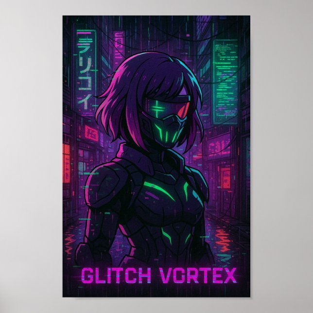 Cyberpunk Anime Girl in Neon Cityscape Poster (Front)