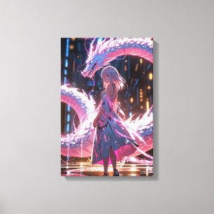 Cyberpunk Anime Girl Neon Dragon Fantasy Art Canvas Print