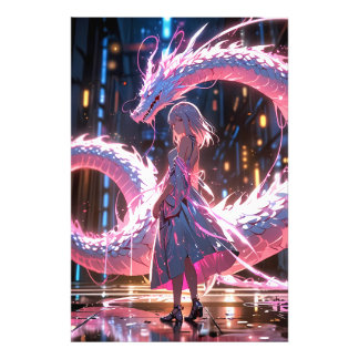 Cyberpunk Anime Girl Neon Dragon Fantasy Art Photo Print