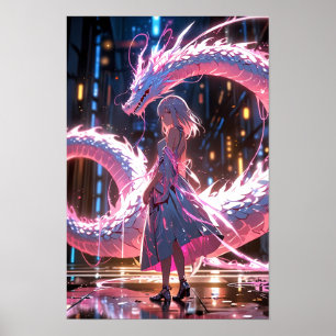 Cyberpunk Anime Girl Neon Dragon Fantasy Art Poster