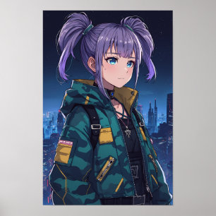 Cyberpunk Anime Girl Pigtails Camo Jacket Art Poster