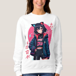 Cyberpunk Anime Girl with Cat Ears- Neon Aesthetic Sweatshirt