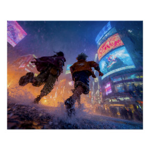 Cyberpunk Anime Warriors Rain Fight Poster