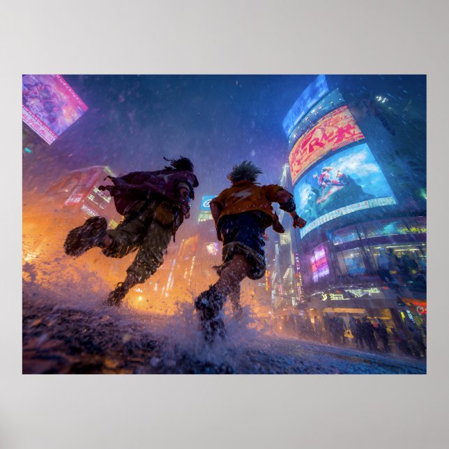Cyberpunk Anime Warriors Rain Fight Poster (Front)