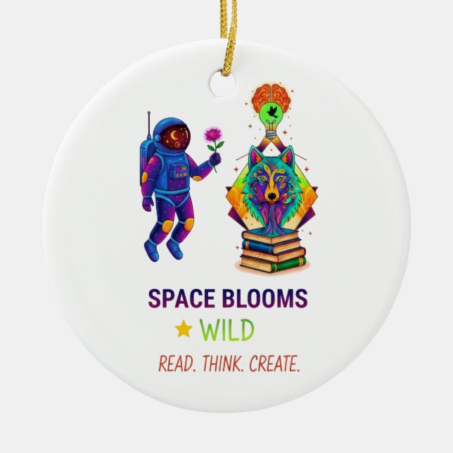 Cyberpunk Astronaut & Wolf Art Keychain - Neon Spa Ceramic Tree Decoration (Front)