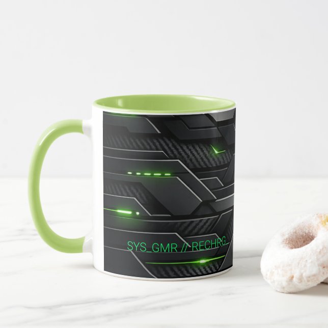 Cyberpunk Carbon Tech Gauge Gaming Coffee Mug (With Donut)