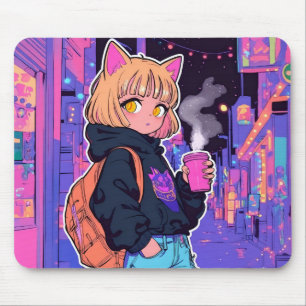 Cyberpunk Cat Girl Mousepad – Neon Aesthetic