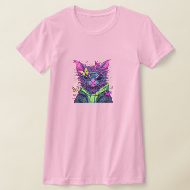 Cyberpunk Cat with Sunglasses and Neon Butterflies T-Shirt (Laydown)