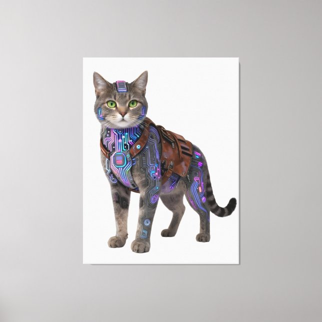 Cyberpunk Circuit Cat – Neon Tech Beast Canvas Print (Front)