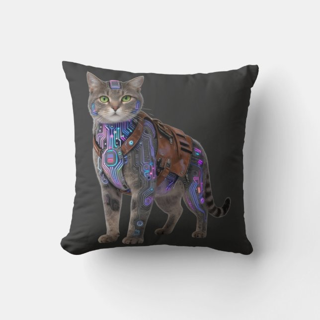 Cyberpunk Circuit Cat – Neon Tech Beast Cushion (Front)